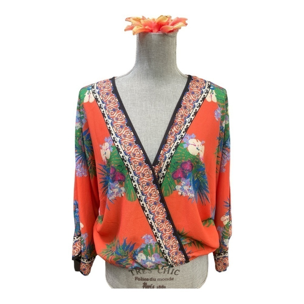 Flying tomato Kimono Orange floral blouse bell sleeves v wrap blouse size M